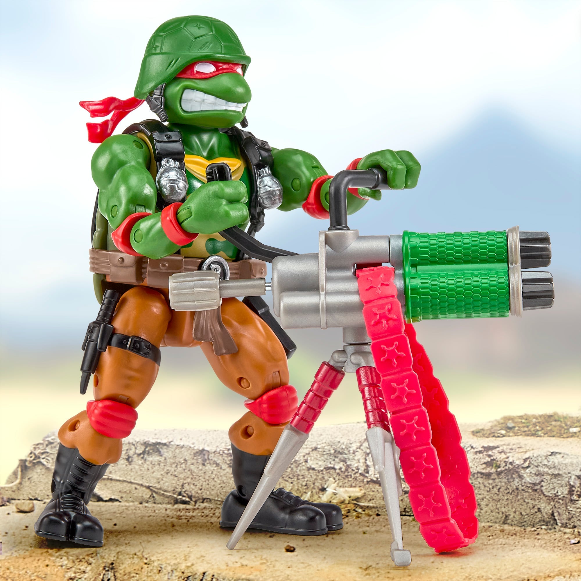 Raphael as Roadblock TMNT x GI Joe 4.5-Inch Figure — Articulation Pose with Throwing Star Gatlin Blaster on Tripod