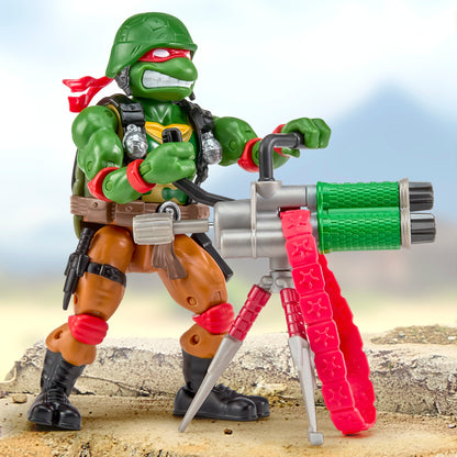 Raphael as Roadblock TMNT x GI Joe 4.5-Inch Figure — Articulation Pose with Throwing Star Gatlin Blaster on Tripod