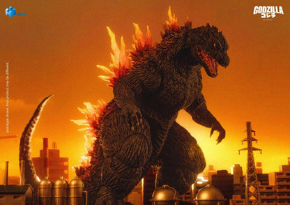 Godzilla 2000 Millennium Exquisite Basic 7-Inch Figure — Dynamic Front View Against Orange City Skyline