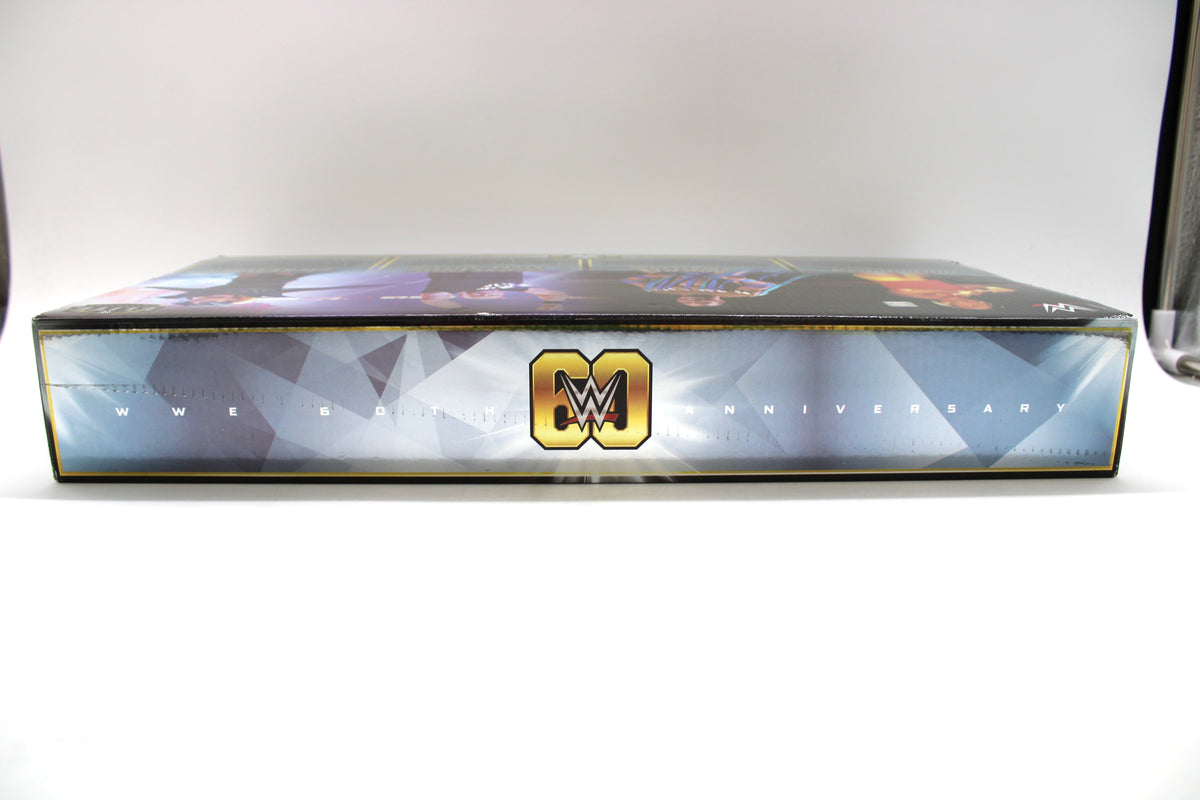 WWE Elite 60th Anniversary 4-Pack Box Side View — WWE 60th Anniversary Gold Logo Detail