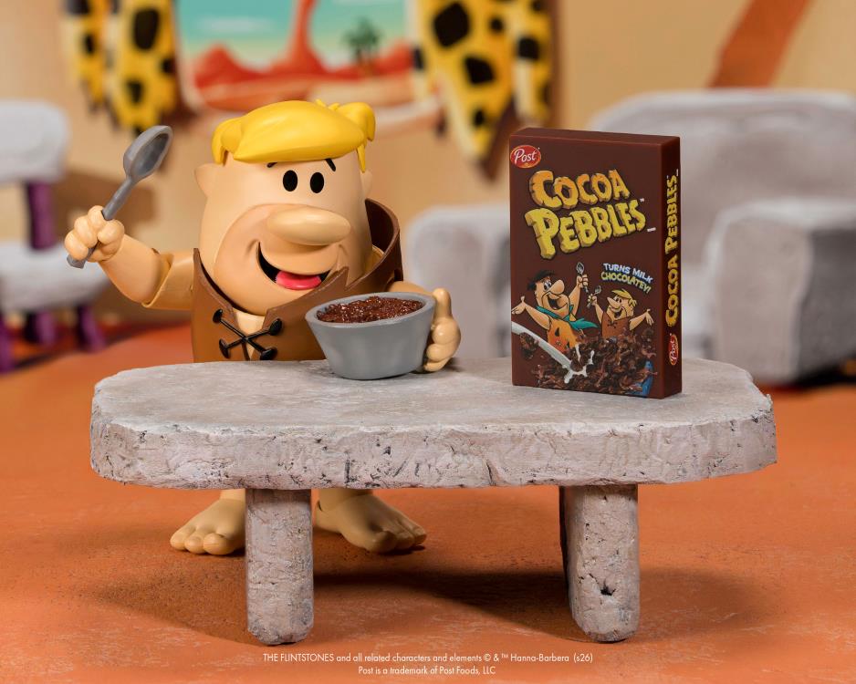 Barney Rubble Cocoa Pebbles 1:12 Scale Figure — Seated at Stone Table with Bowl and Cereal Box