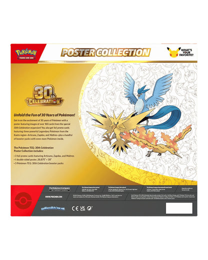 Pokemon TCG 30th Celebration Poster Collection — Box Back with Legendary Birds Artwork and Contents Display