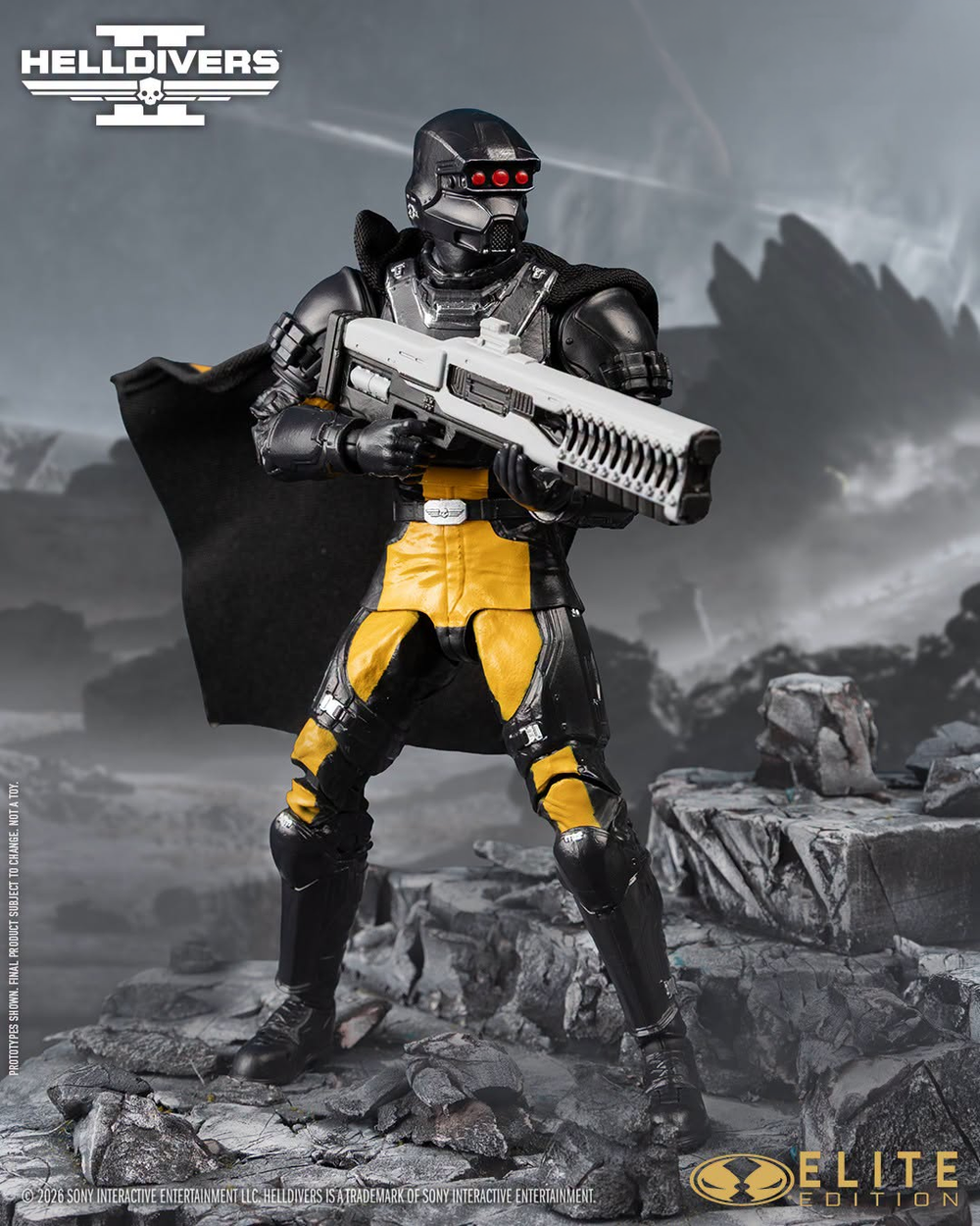 SA-04 Combat Technician Helldivers 2 Elite Edition 7-Inch Figure — Front View with RS-422 Railgun on Rocky Terrain