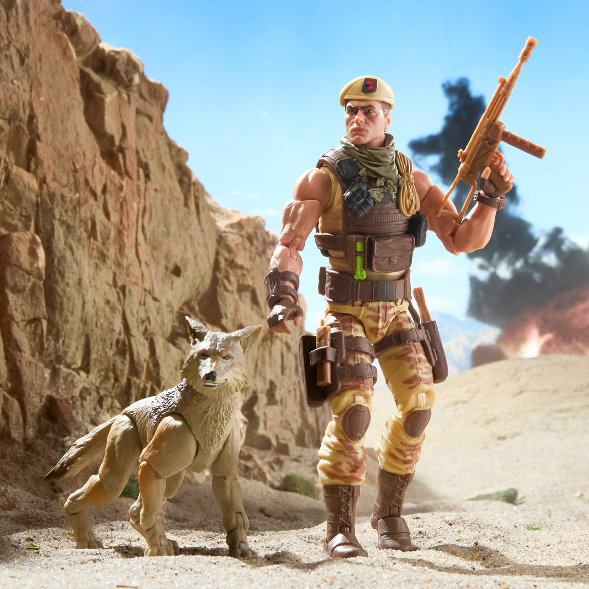 Dusty & Coyote Sandstorm G.I. Joe Classified Series 6-Inch Figure Set — Front View with Dusty Holding Machine Gun in Desert Canyon