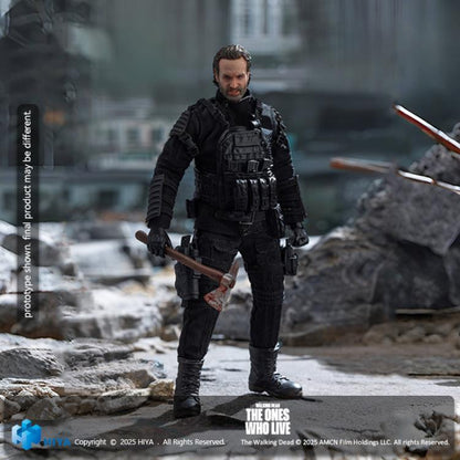 Rick Grimes Exquisite Super 1/12 Figure — Front View Holding Bloody Hatchet in Apocalyptic Setting