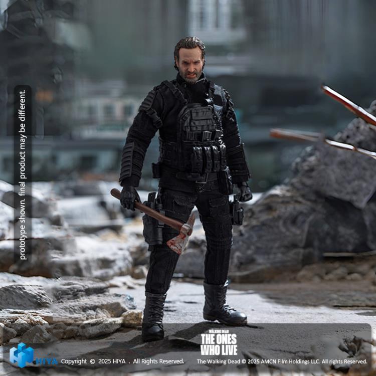 Rick Grimes Exquisite Super 1/12 Figure — Front View Holding Bloody Hatchet in Apocalyptic Setting