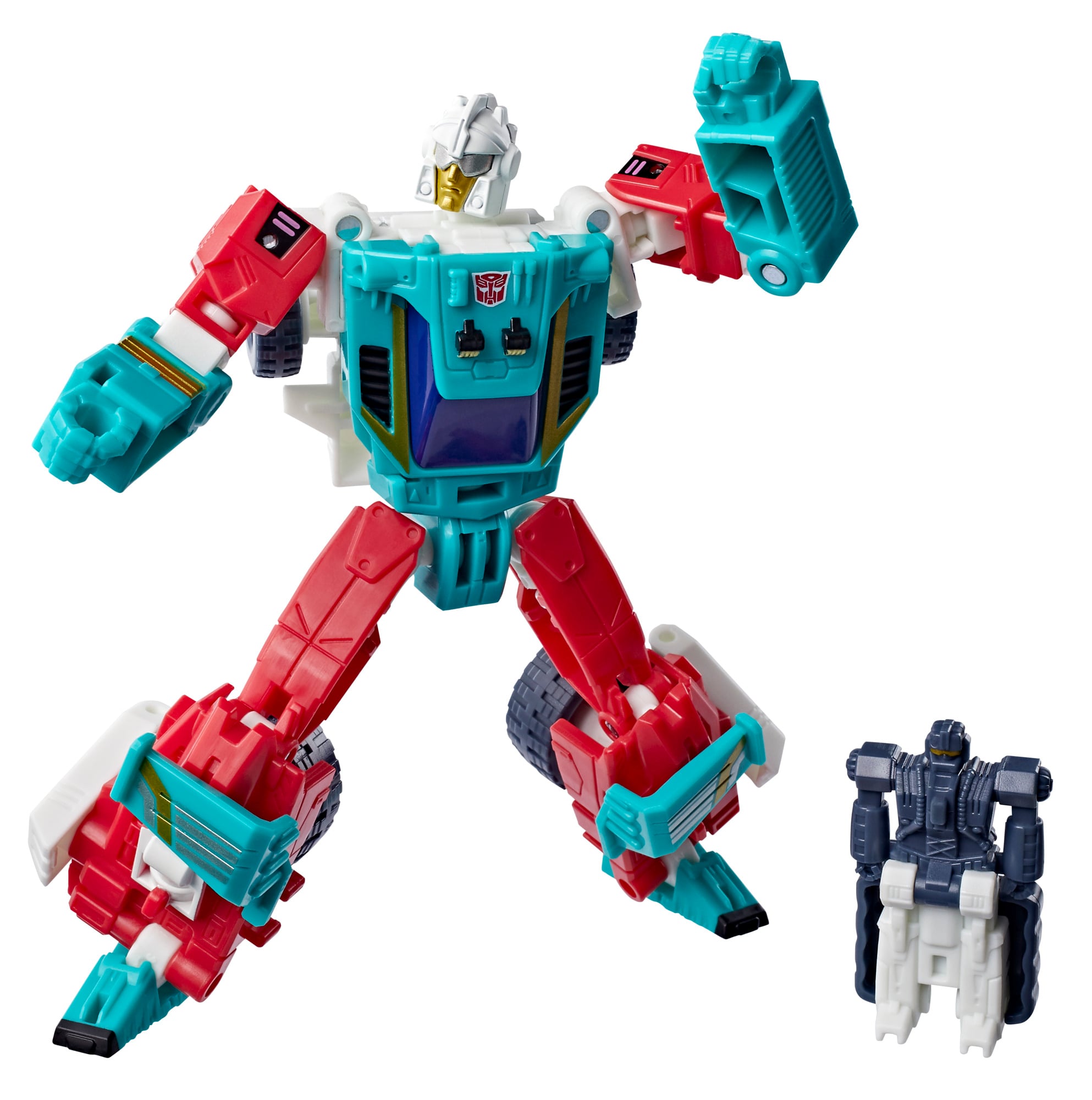 Autobot Joyride Age of the Primes Deluxe 5.25-Inch Figure — Front View with Hotwire Miniature