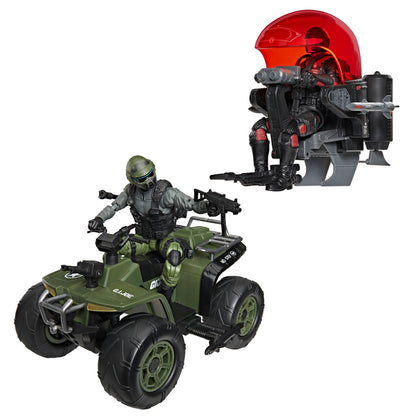 Snake Eyes on Varmint ATV and Stealth Viper on Cobra Stealth Flight Pod GI Joe Classified — Front View Both Vehicles