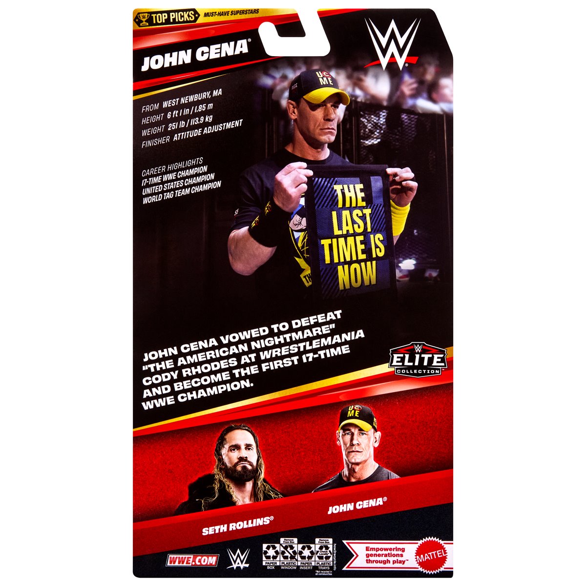 John Cena WWE Elite Top Picks 6-Inch Figure — Package Back Detail with Career Highlights