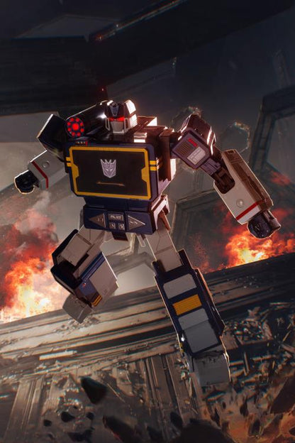 Soundwave Transformers Flagship Series Auto-Converting Robot — Dramatic Front View with Fire Background