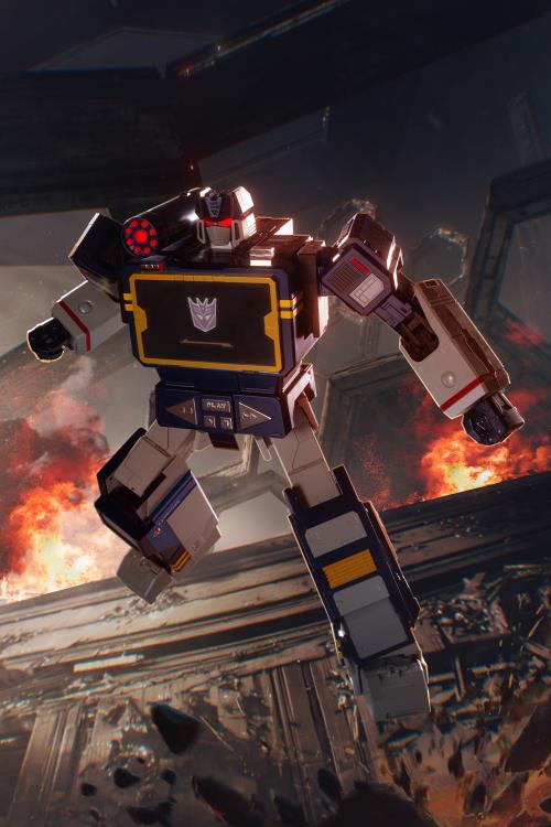 Soundwave Transformers Flagship Series Auto-Converting Robot — Dramatic Front View with Fire Background