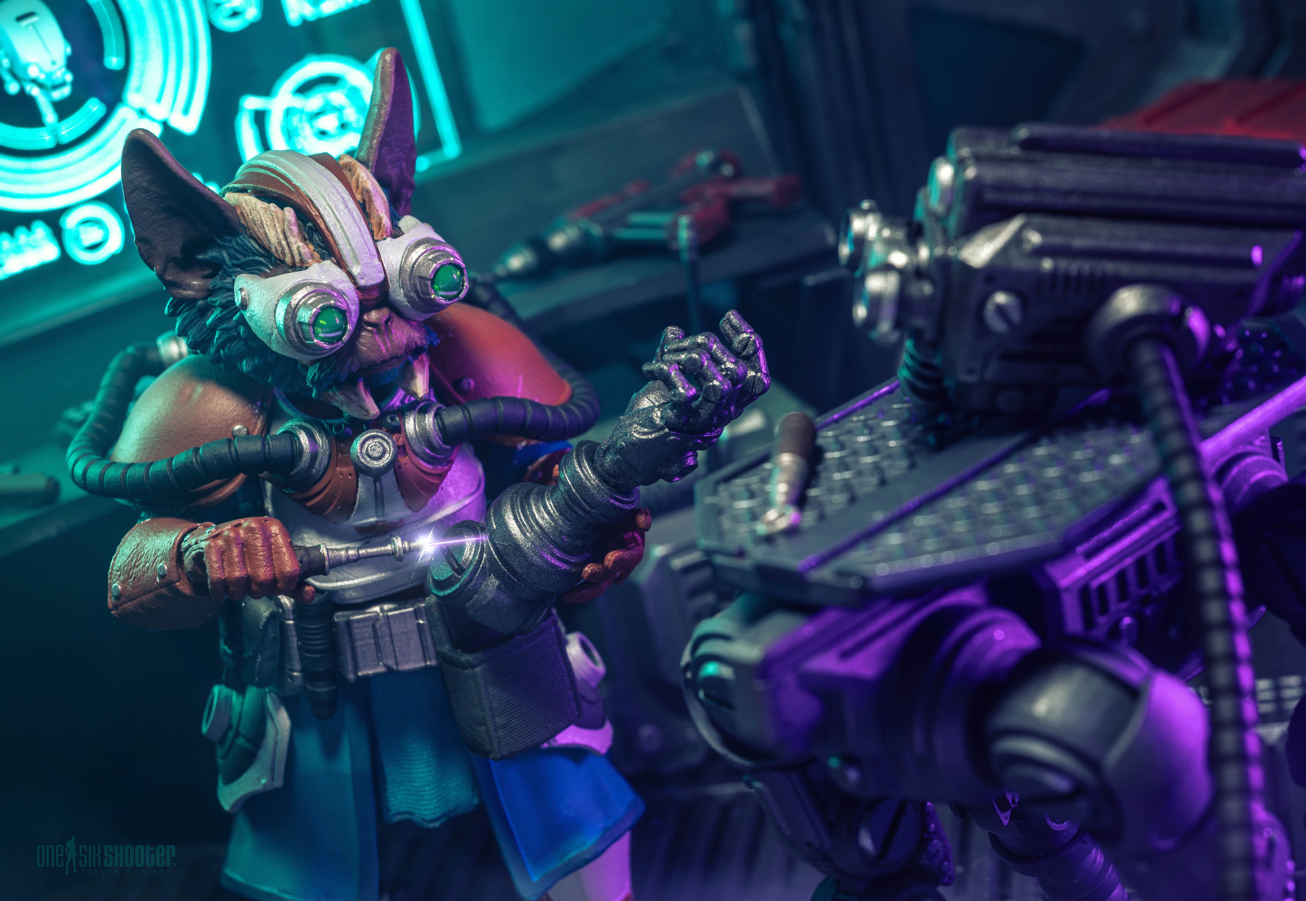 Dr. Zajjarii Cosmic Legions 6-Inch Figure — Articulation Pose with Blaster in Neon-Lit Lab Diorama
