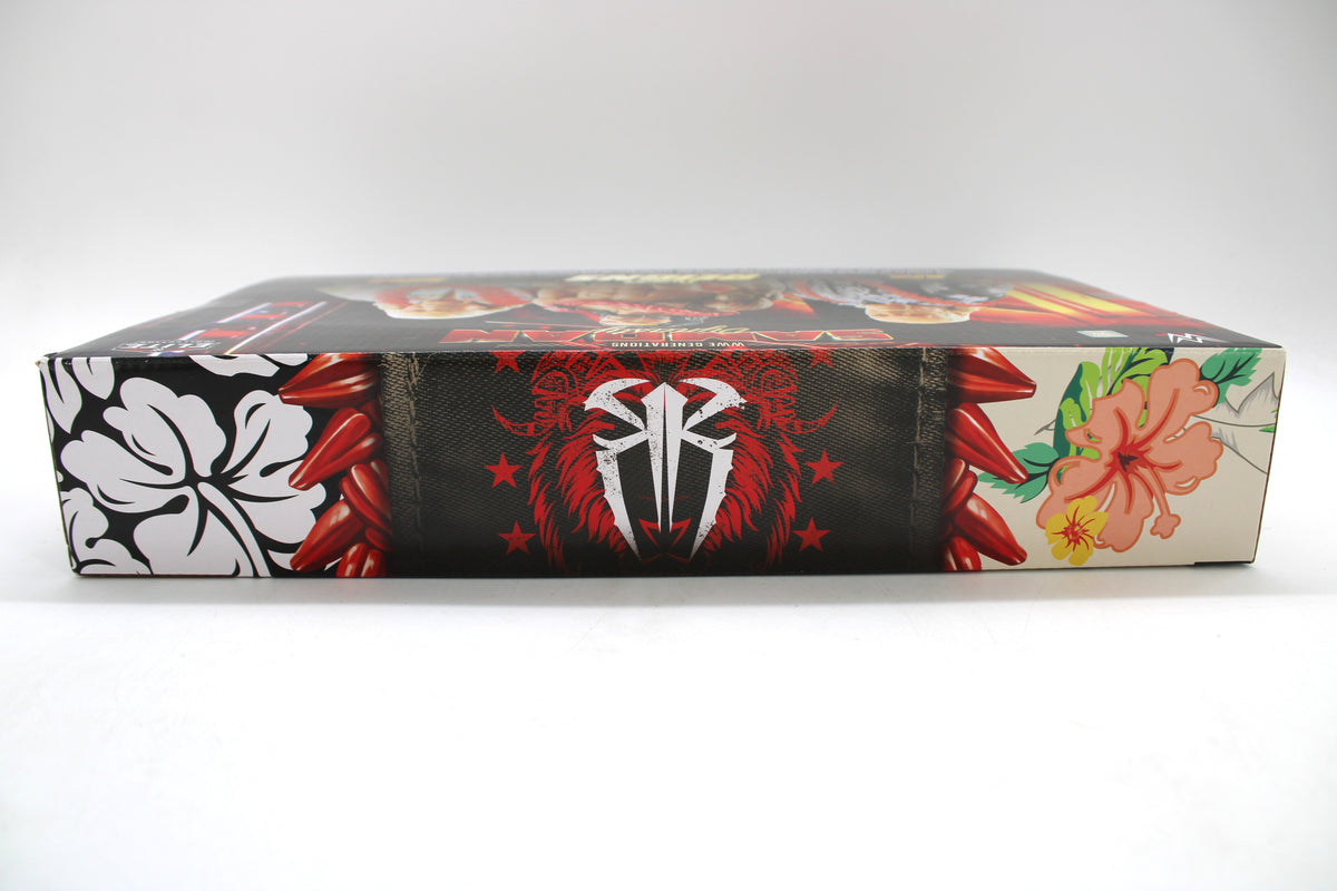 WWE Generations Samoan Dynasty Elite 3-Pack — Box Side Detail with Roman Reigns Shield Logo and Floral Graphics