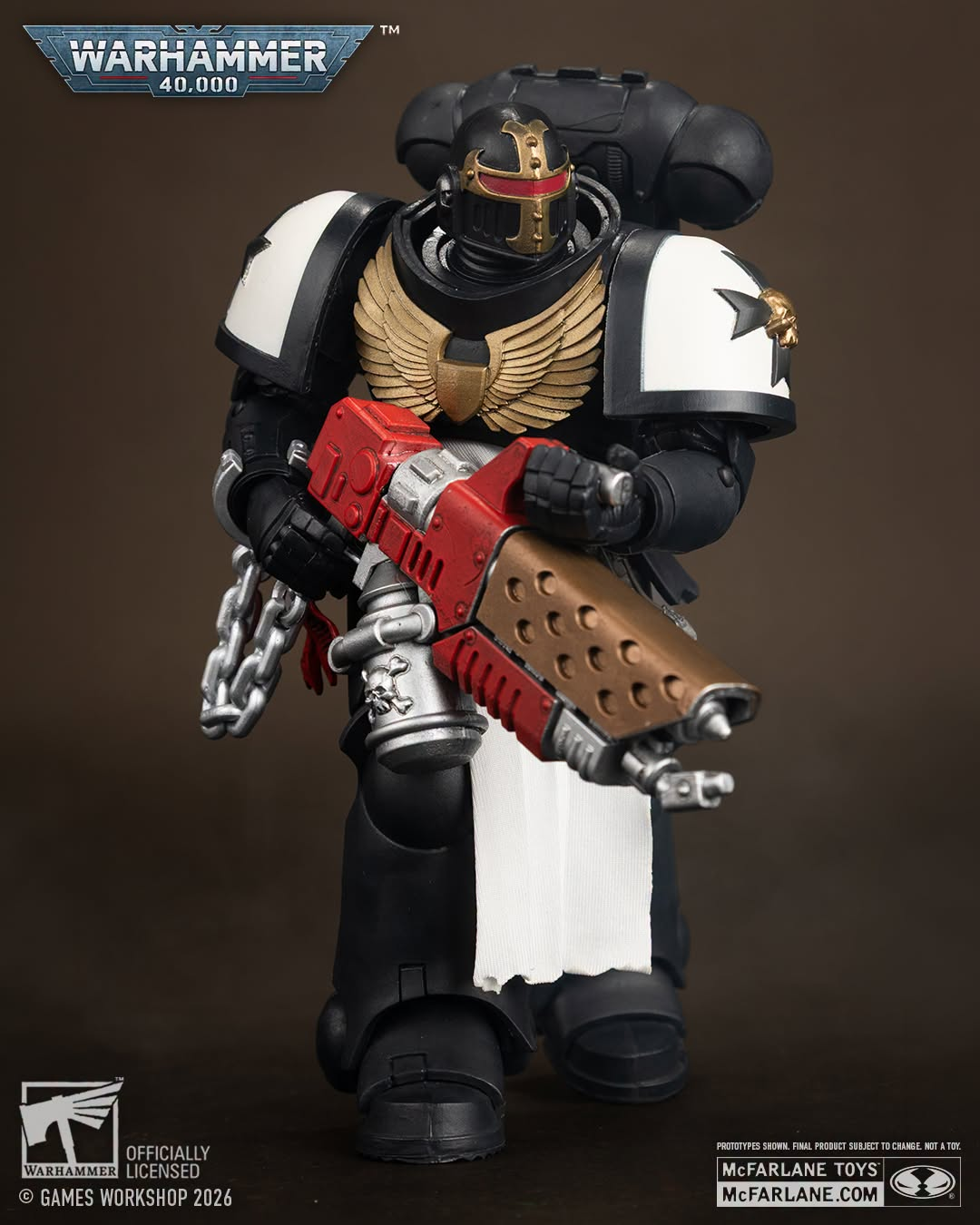 Black Templars Primaris Crusader McFarlane WH40K 7-Inch Figure — Full Front View with Warhammer 40000 Logo and Licensing Details