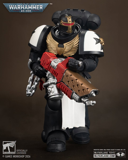 Black Templars Primaris Crusader McFarlane WH40K 7-Inch Figure — Full Front View with Warhammer 40000 Logo and Licensing Details