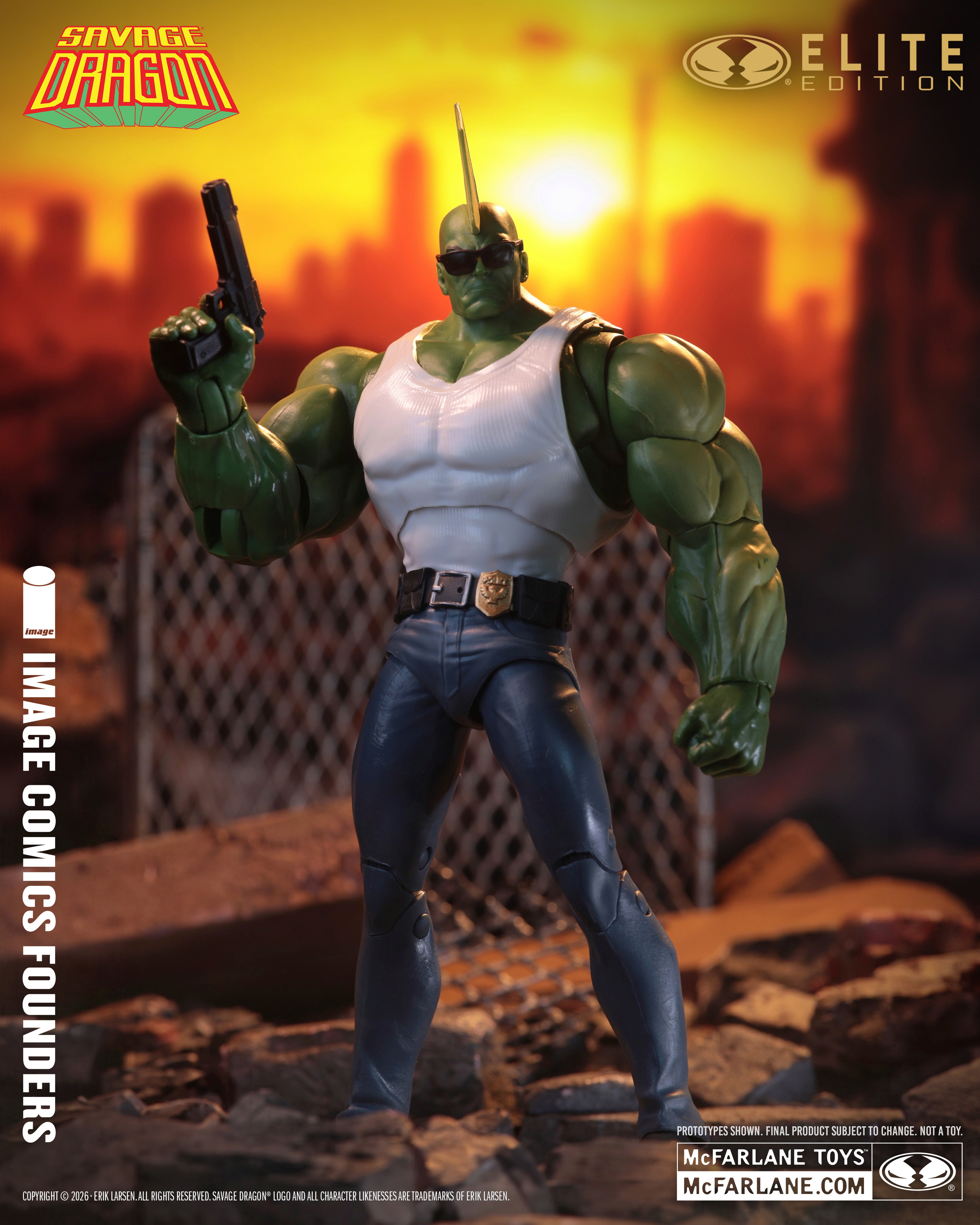 Savage Dragon McFarlane Elite Edition 7-Inch Figure — Front View with Sunglasses Alternate Head Holding Pistol