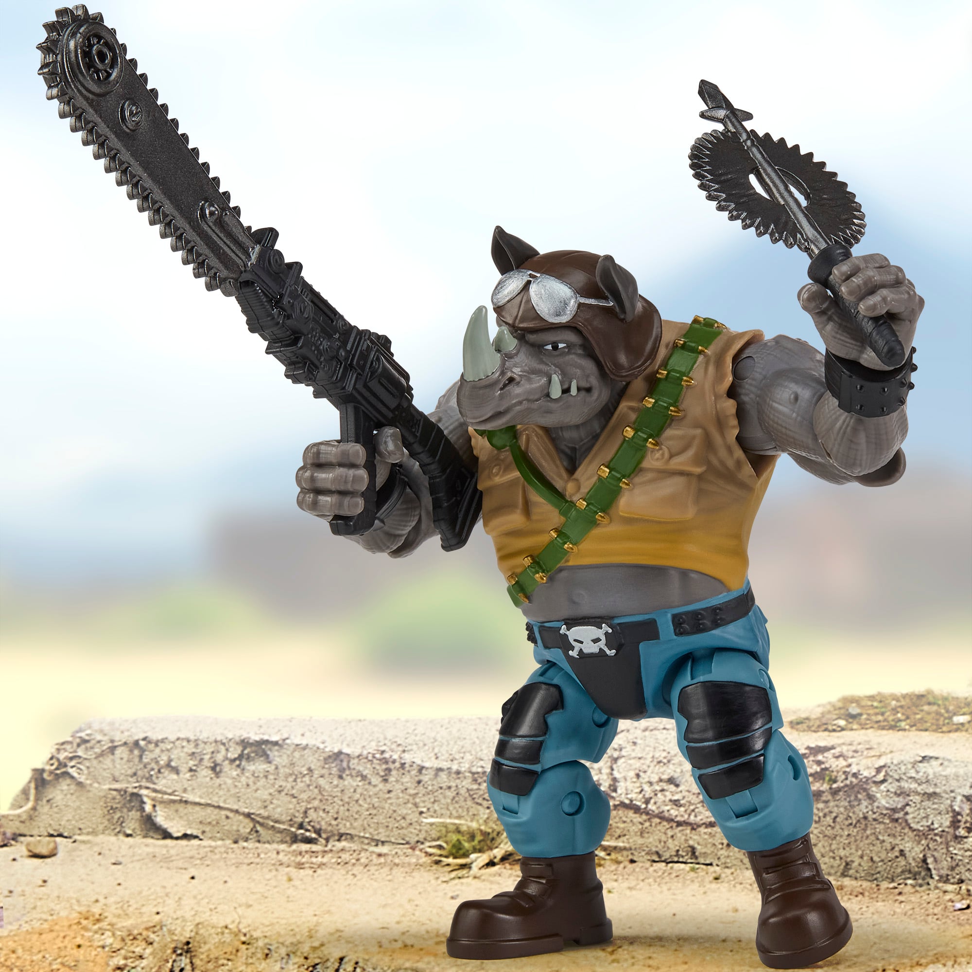 Rocksteady as Buzzer TMNT x GI Joe 4.75-Inch Figure — Articulation Pose with Both Weapons Raised