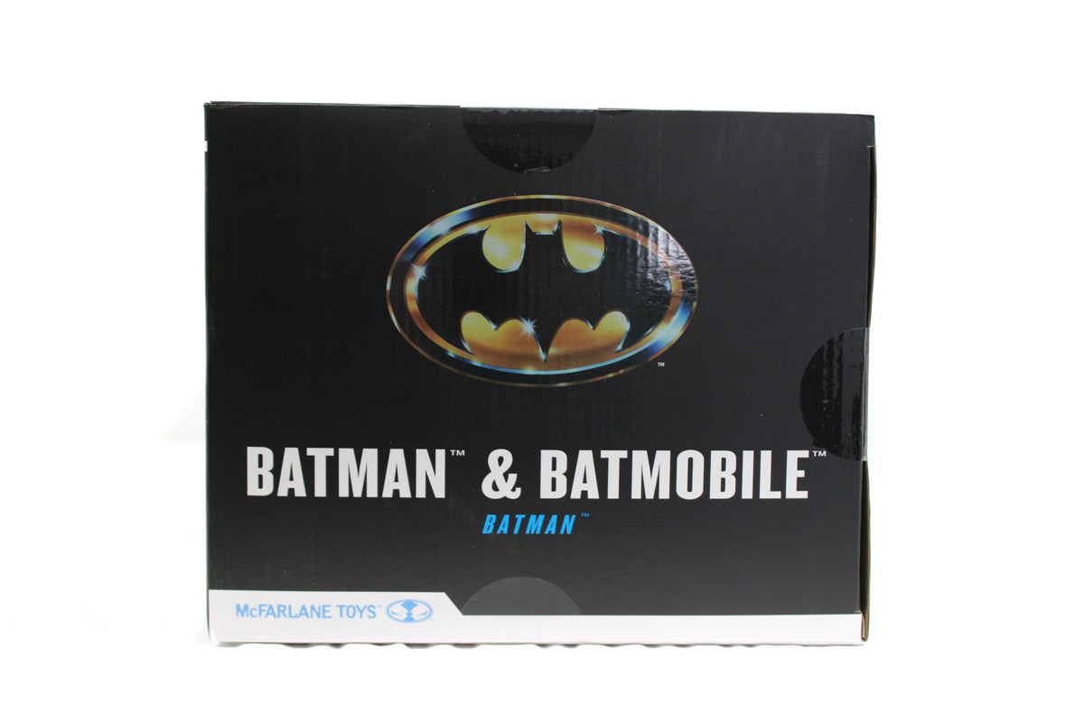 Batman & Batmobile 1989 DC Multiverse Gold Label 2-Pack — Box End Panel with Bat-Logo Close-Up