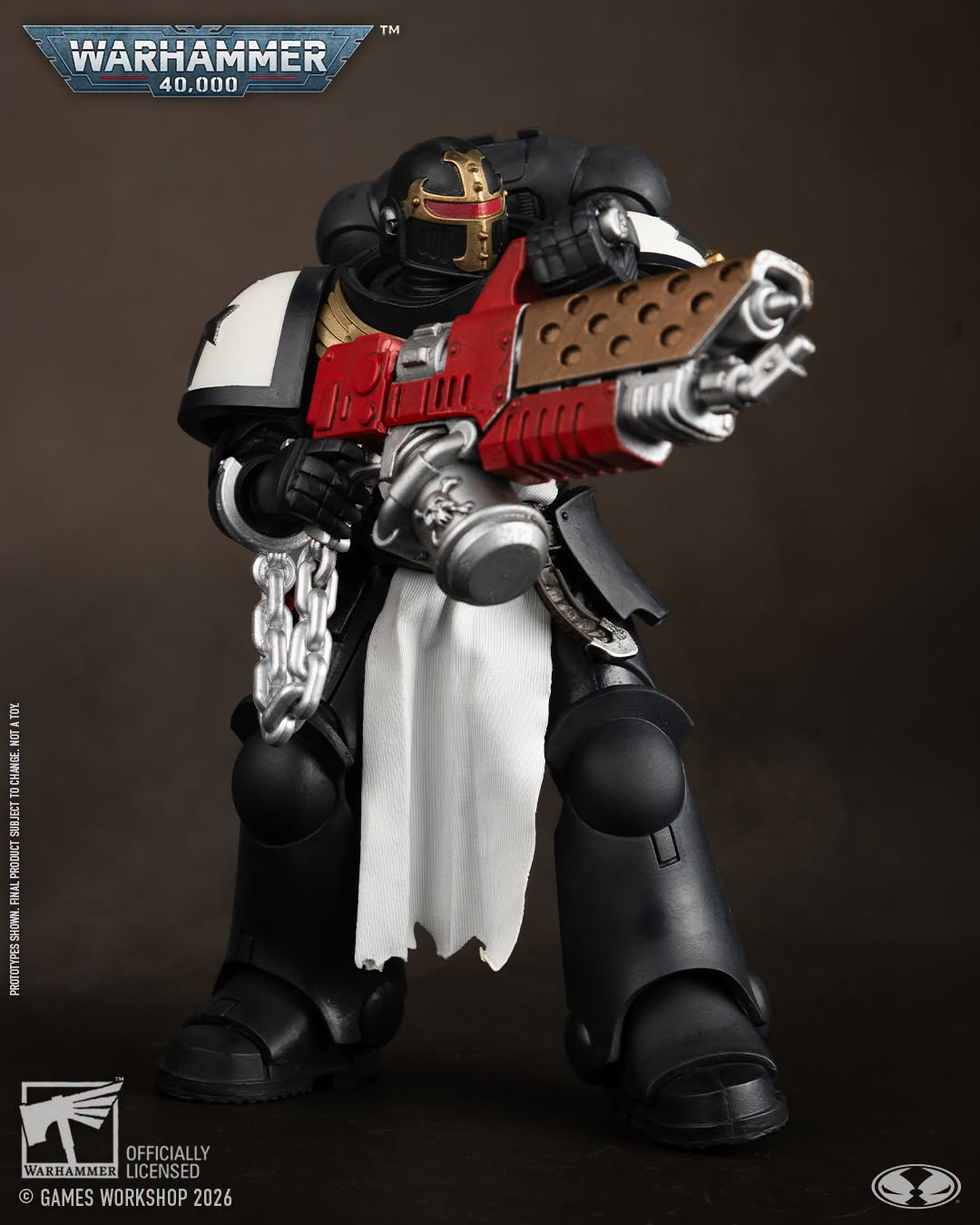 Black Templars Primaris Crusader McFarlane WH40K 7-Inch Figure — Side View Showing Pyreblaster Aimed and White Tabard