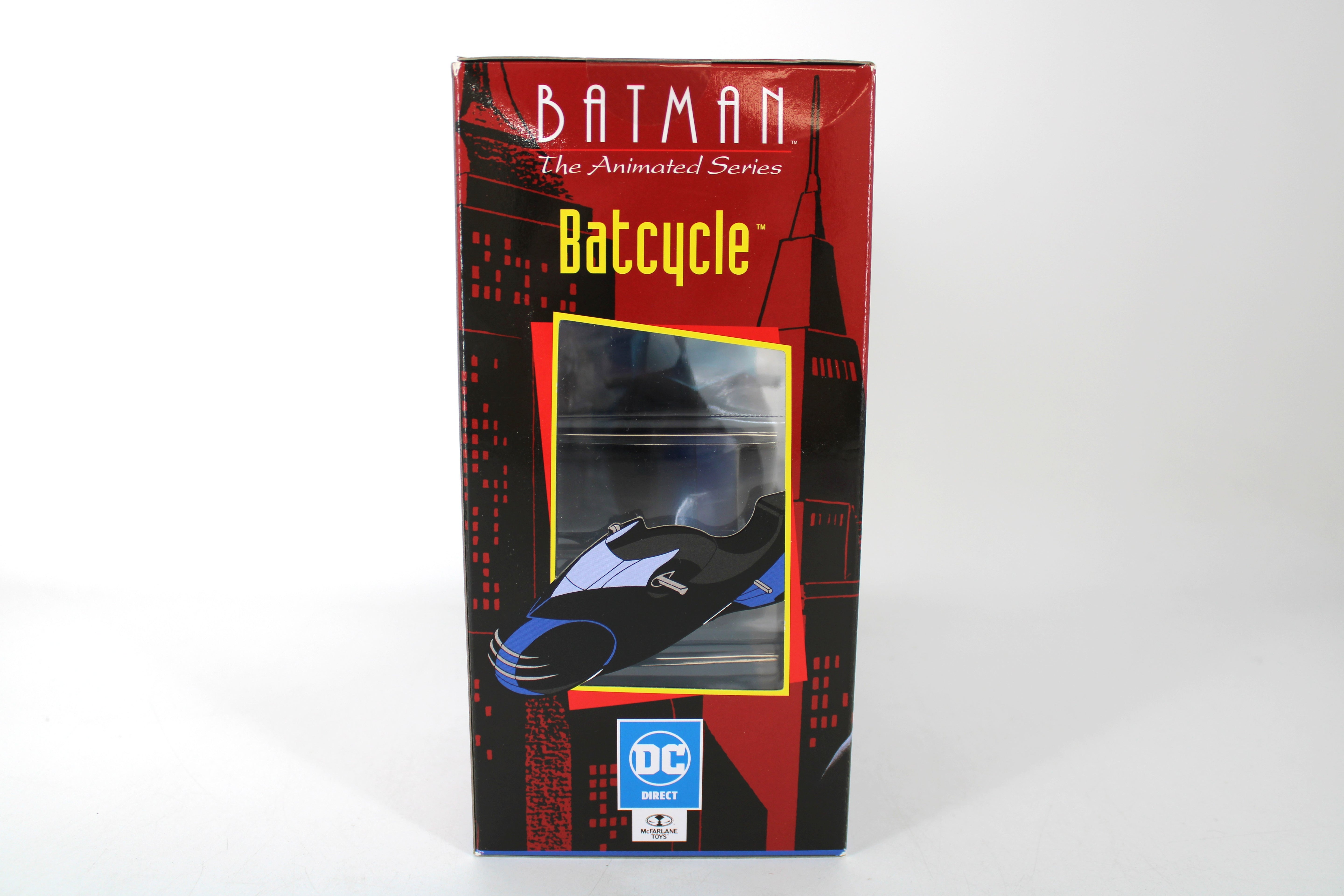 Batcycle Batman Animated Series McFarlane Vehicle — End Panel View with DC Direct Badge and Cel Art Window