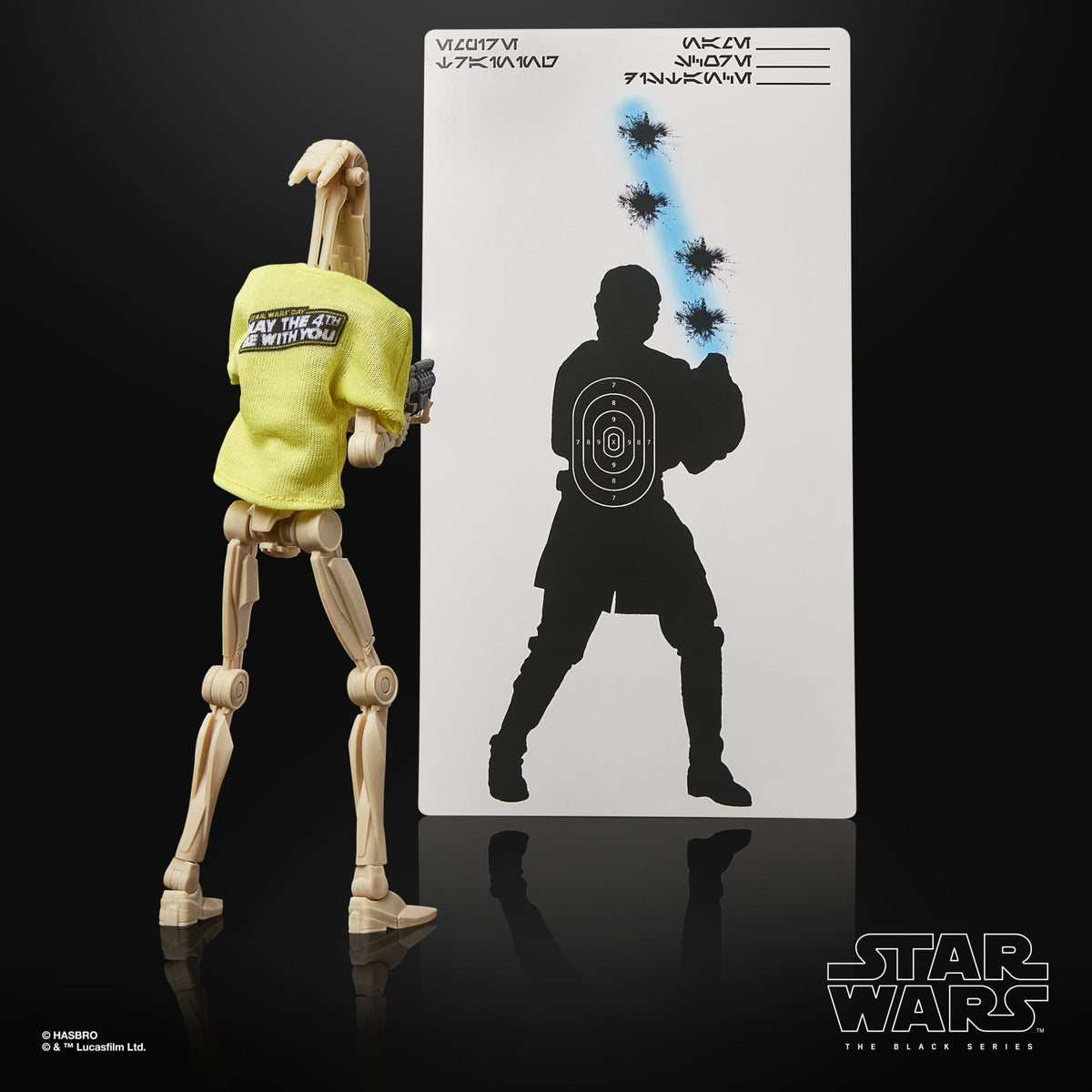 B1 Battle Droid Black Series 6-Inch Figure — Back View with May the 4th T-Shirt and Target Practice Poster