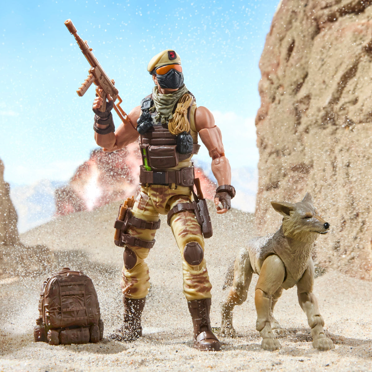 Dusty & Coyote Sandstorm G.I. Joe Classified Series 6-Inch Figure Set — Articulation Pose with Mask On and Backpack Displayed