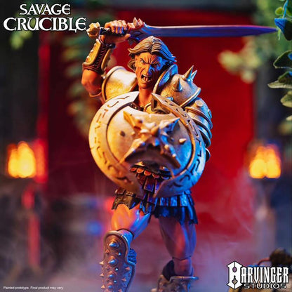 Who-Man Savage Crucible 6-Inch Figure — Combat Pose with Sword and Shield Front View