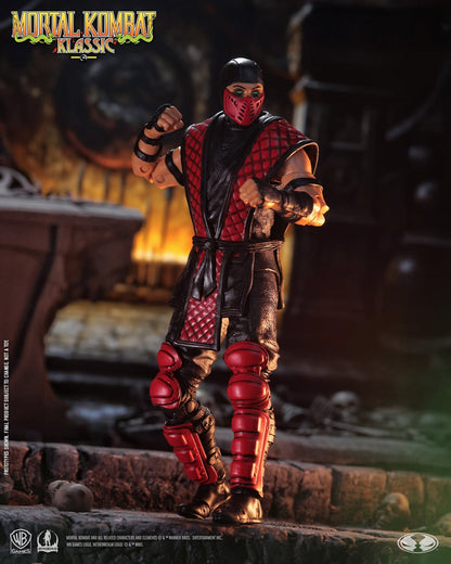 Ermac Mortal Kombat Klassic 7-Inch Figure — Articulation Pose showing full-body fighting stance in firelit arena backdrop