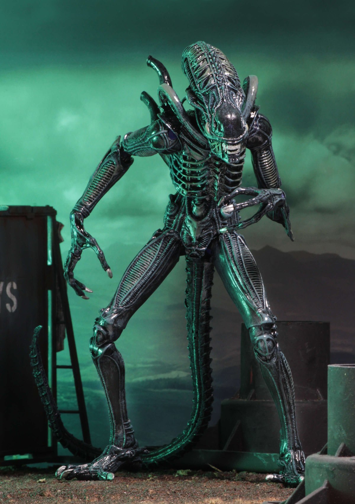 Aliens Ultimate Blue Warrior NECA 9-Inch Figure — Articulation Pose with Green Atmospheric Background