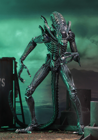 Aliens Ultimate Blue Warrior NECA 9-Inch Figure — Articulation Pose with Green Atmospheric Background