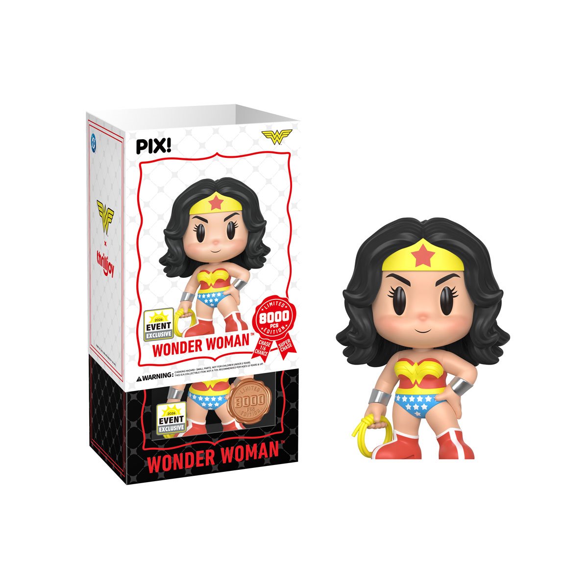 Wonder Woman DC Pix! Vinyl Figure 2026 Convention Exclusive — White box packaging front and bottom detail with figure out of box