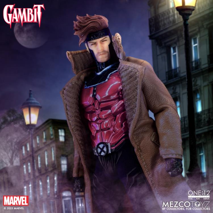 Gambit Mezco One:12 Collective 6.7-Inch Figure — Front View in Leather-Look Overcoat at Night