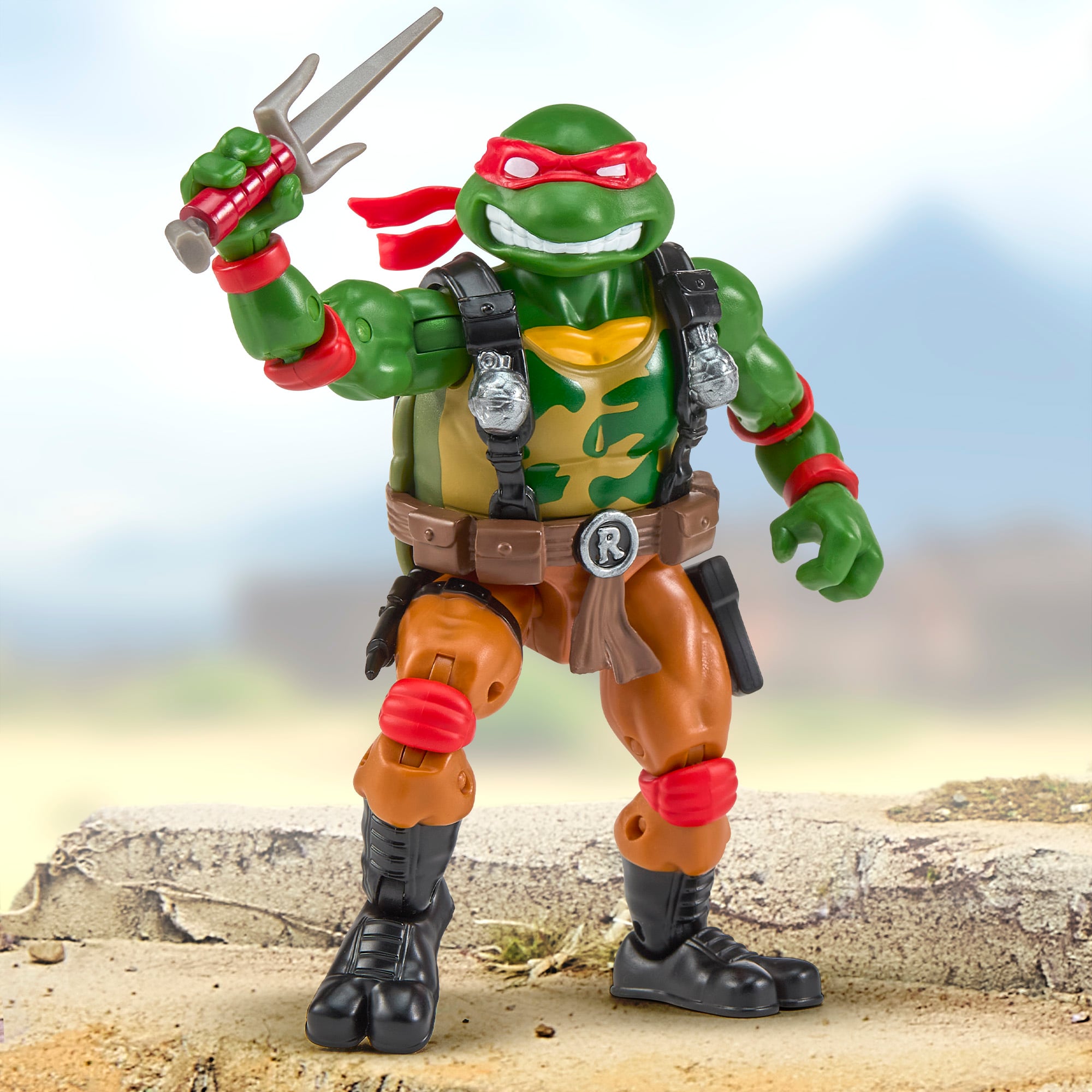 Raphael as Roadblock TMNT x GI Joe 4.5-Inch Figure — Front View with Tri-Sai Pod Raised