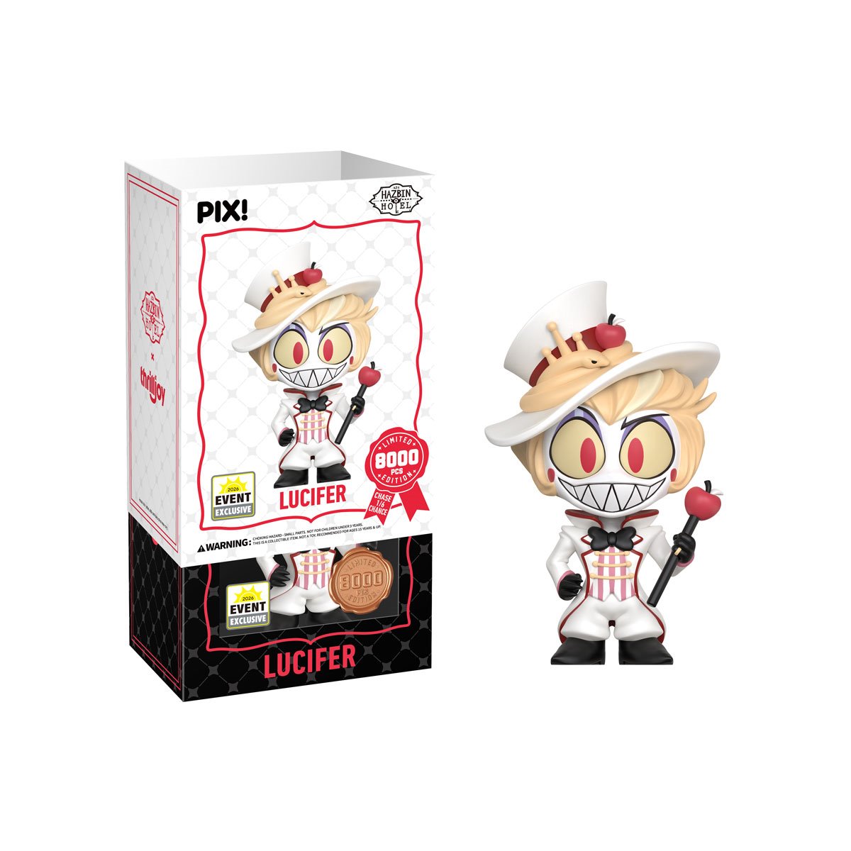 Lucifer Hazbin Hotel Pix! Vinyl Figure — White Box Package Detail with Limited Edition Medallion and Figure Out of Box