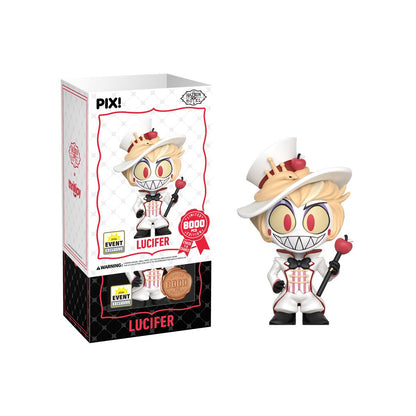Lucifer Hazbin Hotel Pix! Vinyl Figure — White Box Package Detail with Limited Edition Medallion and Figure Out of Box