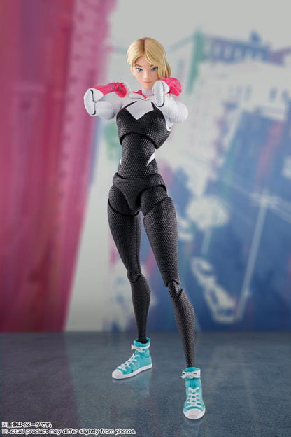 Spider-Gwen S.H.Figuarts Across the Spider-Verse Figure — Unmasked Head Standing Pose Front View