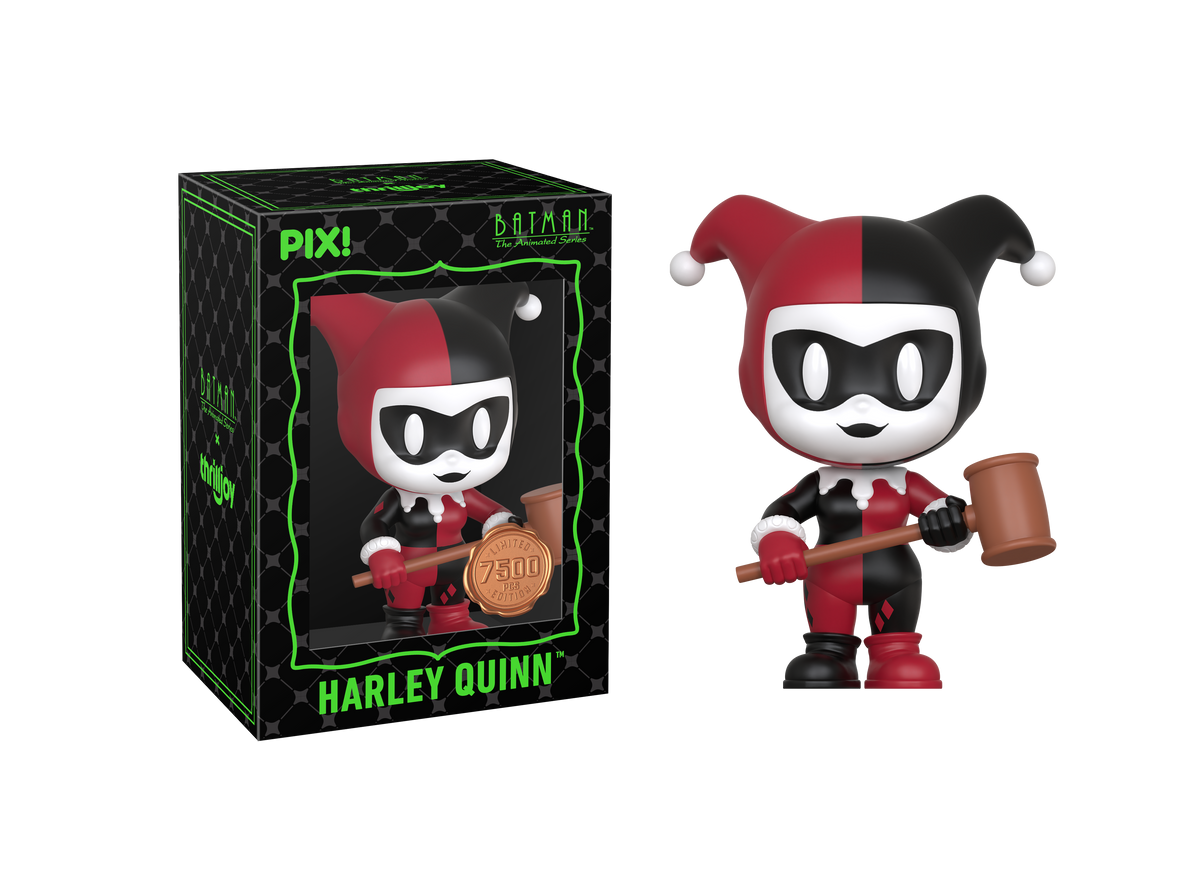 Harley Quinn Batman Animated Series PIX! Figure — Box Front with Figure Out of Box Side View