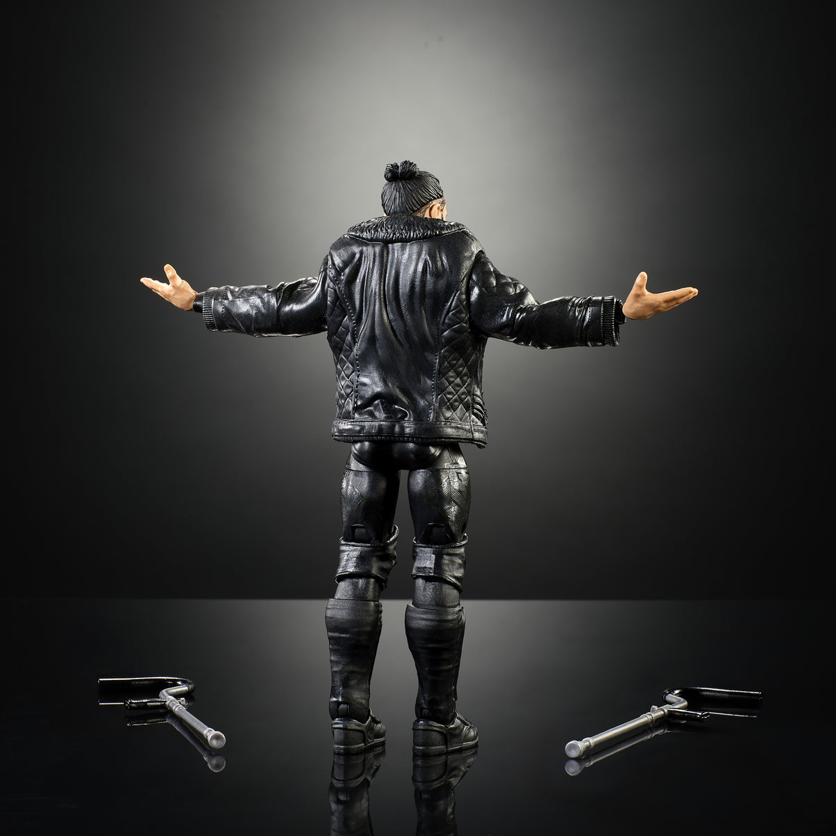 Seth Rollins WWE Elite Series 128 6-Inch Figure — Back View Showing Quilted Jacket Detail and Crutches Accessories