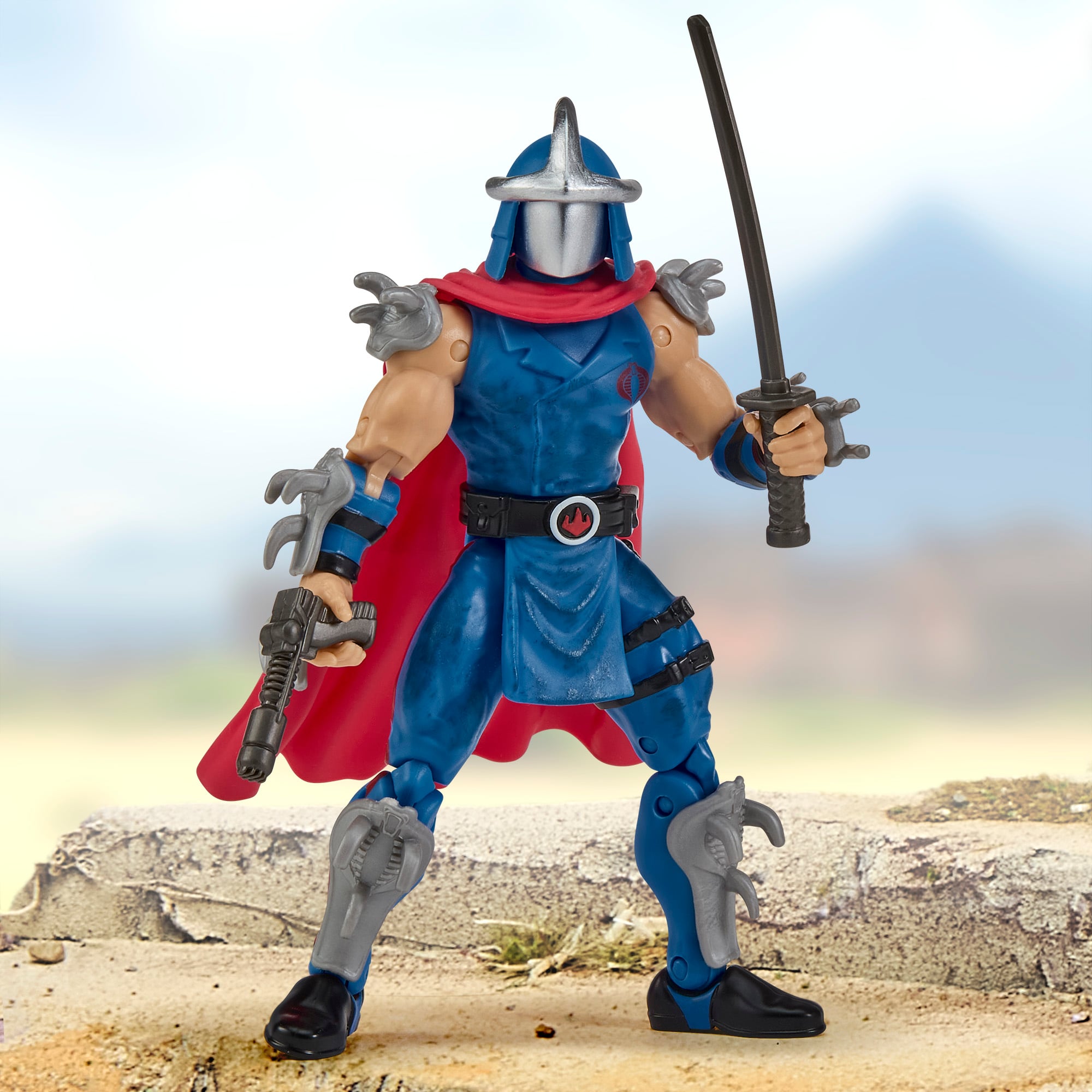 Shredder Cobra Commander TMNT x GI Joe 5-Inch Figure — Front View Holding Katana and Retro-Mutagen Ray