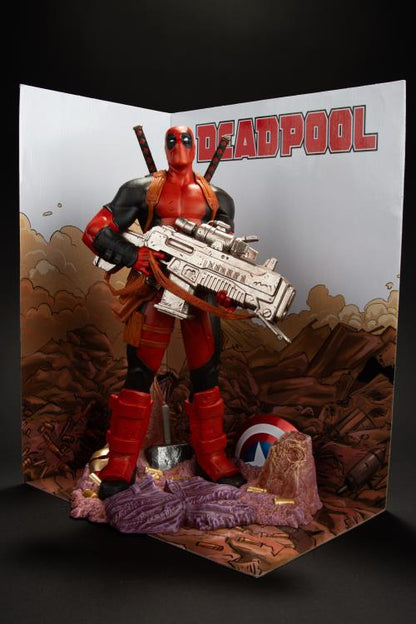 Deadpool McFarlane 1/6 Scale Figure — Three-Quarter Left View with Backdrop