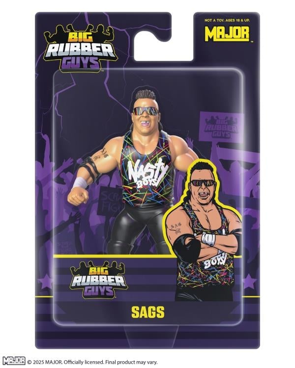 Sags Big Rubber Guys WWF 8-Inch Figure — Card Front on Purple Blister Packaging