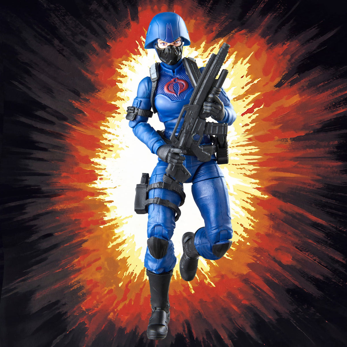 Cobra Valkyrie G.I. Joe Classified Retro 6-Inch Figure — Front View with Explosion Background