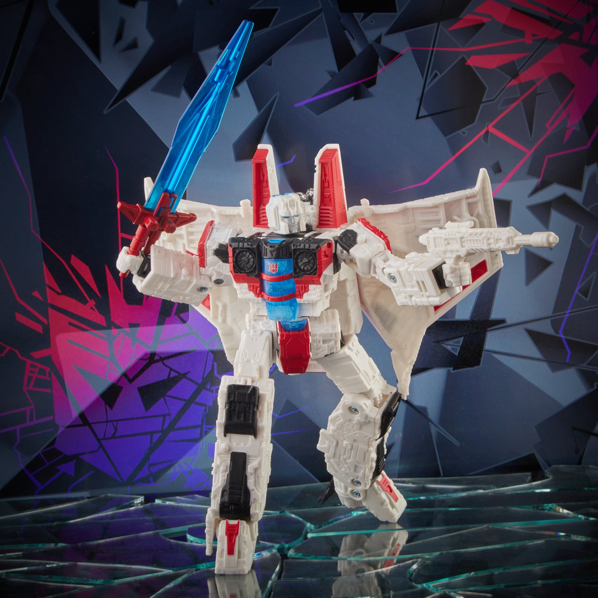 Starscream Shattered Glass Voyager 7-Inch Figure — Action Pose with Energon Sword and Blaster