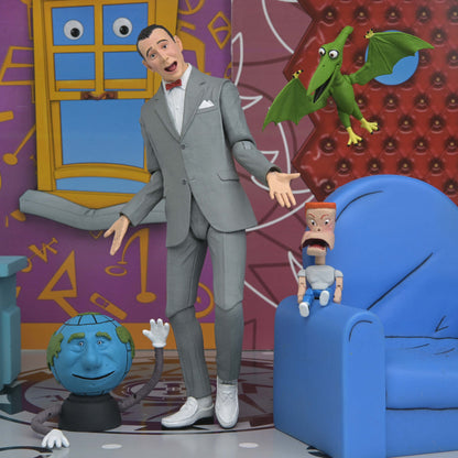 Pee-Wee Herman NECA Ultimate 7-Inch Figure Set — Articulation Pose with Pals and Blue Armchair Background