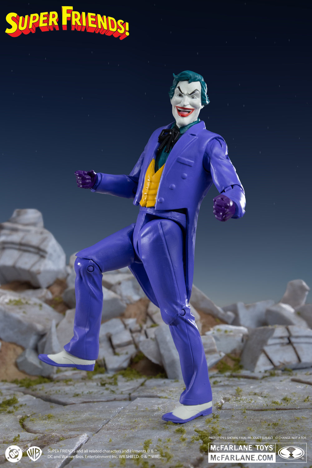 Joker DC Retro Super Friends 6-Inch Figure — Articulation Pose with Raised Leg on Rocky Terrain