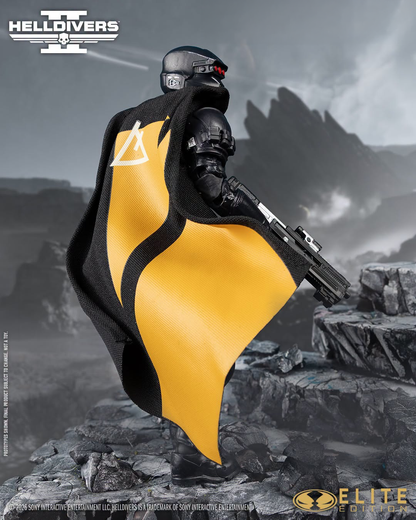 SA-04 Combat Technician Helldivers 2 Elite Edition 7-Inch Figure — Back View Showing Yellow and Black Fabric Cape with Faction Insignia