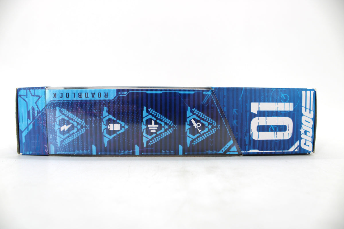 Roadblock G.I. Joe Classified Series 6-Inch Figure #01 — Side View Showing Blue Graphic Panel with Figure Number and G.I. Joe Logo