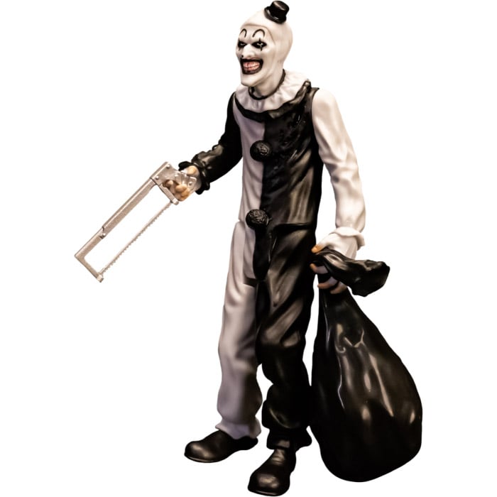 Art the Clown Terrifier 5-Inch Blood Bath Figure — Side View Holding Hacksaw and Trash Bag