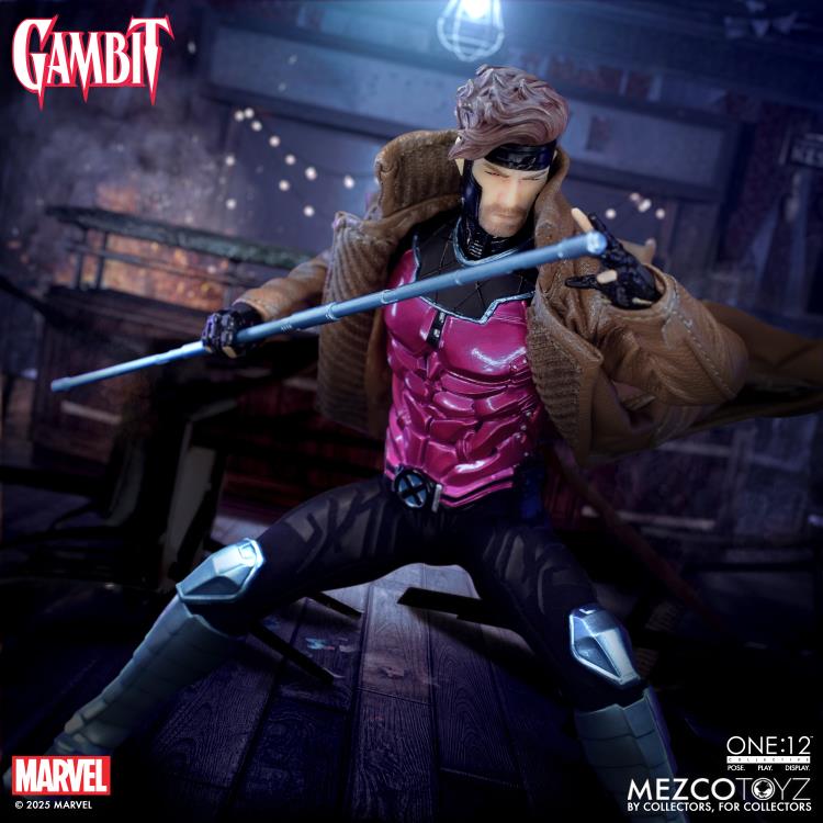 Gambit Mezco One:12 Collective 1/12 Figure — Combat Pose Wielding Bo Staff in Warehouse