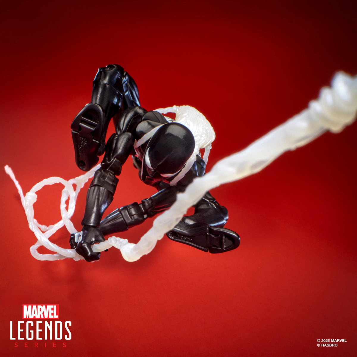 Symbiote Spider-Man Marvel Legends Maximum 6-Inch Figure — Overhead Web-Slinging Pose with Web Line